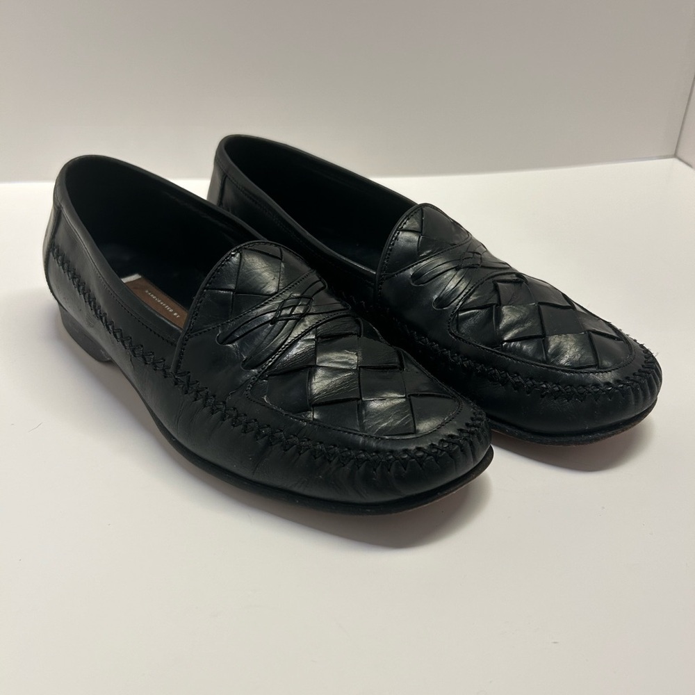 Johnson &‎ Murphy Black Weaved Leather Handcrafted Mens 8.5 Luxury Loafers